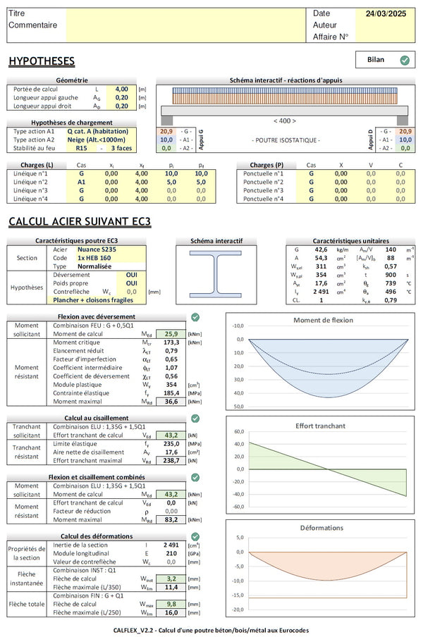 Calcul de poutres béton, bois et acier aux Eurocodes